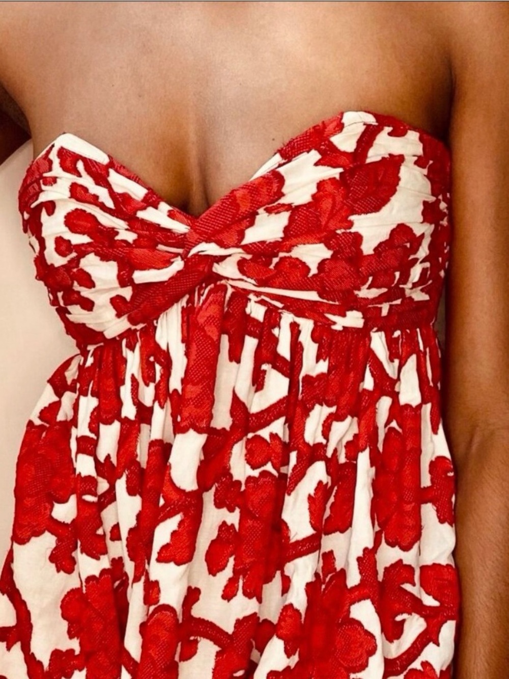 Strapless Red and Cream Floral Summer Dress